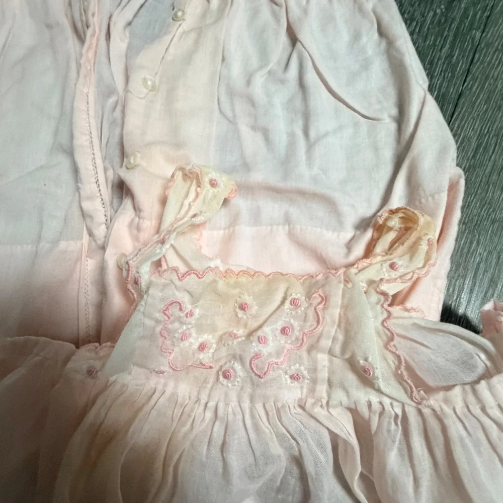 Vintage Cherubs Handmade Baby Dress and Pinafore Set Pink Embroidered Size L